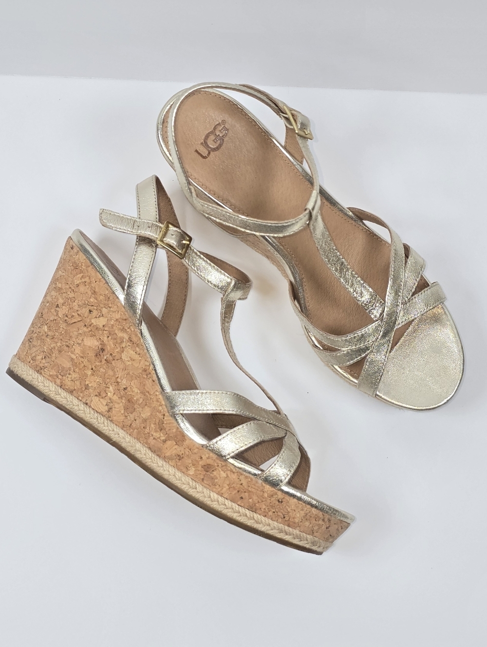 UGG Melissa Open Toe Gold Metallic Cork Wedge T-Strap Sandals Sz. 10